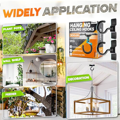 [UPGRADED] 2Pcs 200LBS Rotatable Ceiling Hooks with 4 Screw Points Base, Wall Mount Metal Hanger Black Ceiling Hook for Hanging Plant, Bird Feeder, Lights, Bed Canopy, Wind Chime, Indoor Outdoor Decor