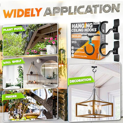 [UPGRADED] 2Pcs 200LBS Rotatable Ceiling Hooks with 4 Screw Points Base, Wall Mount Metal Hanger Black Ceiling Hook for Hanging Plant, Bird Feeder, Lights, Bed Canopy, Wind Chime, Indoor Outdoor Decor