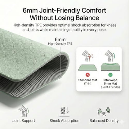 Premium TPE Yoga Mat 6mm Info Swipe – Eco-Friendly Non-Slip, Odor-Free, Lightweight & Durable | SGS Tested, REACH Compliant, GRS Certified | 72"x24" with Carrying Strap