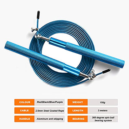 Speed Jump Rope - 360° Swivel Ball Bearing - Adjustable steel coated rope-Aluminum Anti Skipping Handle -Fitness Training Boxing Sports Exercises -Suitable for Kids and Adults - color: Blue