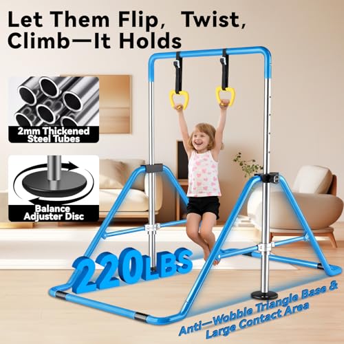 Kids Gymnastics Bar Gymnastic Equipment for Home Adjustable Height Gymnastic Training Bar Gymnastic Stuff for 3-7 Years Old Girls - color: Blue with ring
