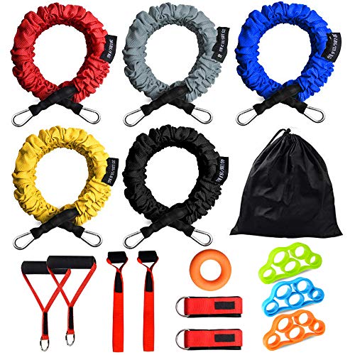 Resistance Bands Set, 15 Pack Exercise Resistance Tubes with Anti-Snap Heavy Duty Protective Nylon Sleeves,20lbs to 40lbs Resistance Tubes,Door Anchor Ankle Strap up to 150lbs