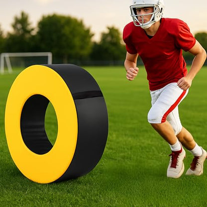 Football Tackle Wheel with Bonus Round Seat Pad, Youth Football Tackle Ring with Side Straps, High-Density Foam Tackle Dummy, Water-Resistant PU Leather Football Practice Equipment