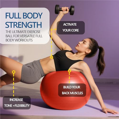 Exercise Ball Pilates Yoga Ball Anti-Burst and Slip Resistant - for Fitness, Pregnancy, Stability, Balance, Core Workout - Red Training Ball w/Pump for Home Office Gym