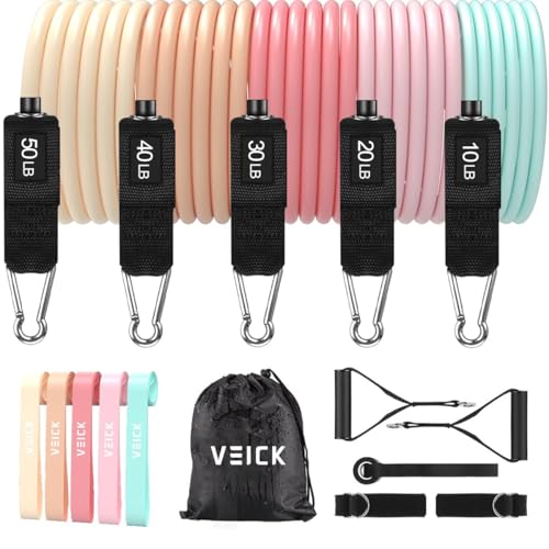 VElCK Resistance Bands Set with Handles for Exercise, Workout and Home Gym - color: Light Pink, size: 10-150LBS + 5 Loop Bands