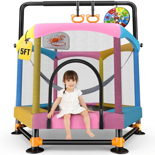 Toddler Trampoline for Kids with Foam Handle, Anti-Tilt Frame & Thick Padded Spring Cover, Indoor Outdoor Mini Trampoline, Active Play Toy Gift for Boys Girls - color: Blue+Pink+Yellow, size: 5FT