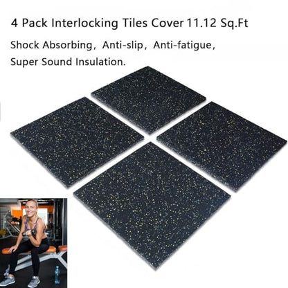 4 Pack Interlocking Tile 20" x 20”x 1”Heavy Duty Rubber Flooring Mat Anti-Vibration Anti-Slip Exercise Mats for Gym Equipment and Cushion for Workouts, Cover 11.12 Sq.Ft…