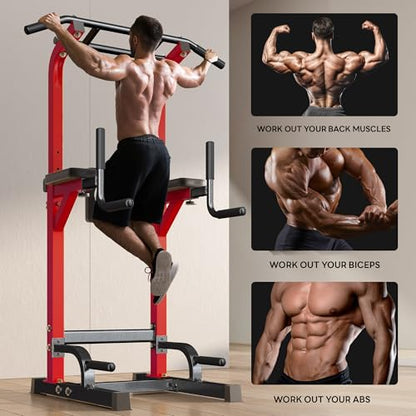 SogesPower Power Tower Pull Up Dip Stand Multi-Function Adjustable Height Workout Equipment Dip Station Fitness Strength Training for Home Gym 330LBS - color: Red