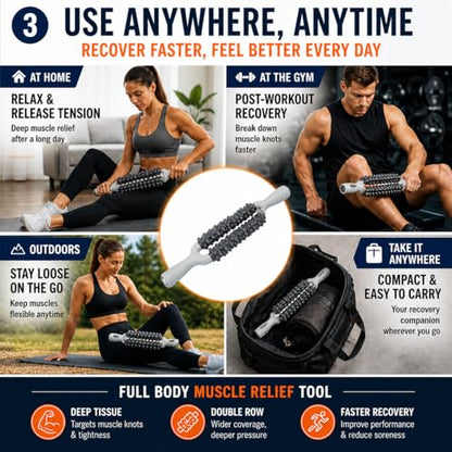Muscle Roller Stick, Double Row Deep Tissue Massage Stick for Muscle Recovery, Portable Massage Roller for Legs, Calves & Back, Trigger Point Therapy for Athletes & Runners