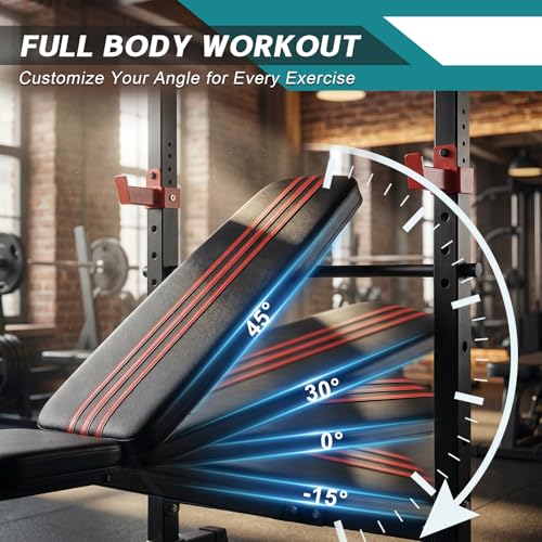 DUMOS Adjustable Weight Bench Set with Rack, 650LBS Foldable Bench Press - color: RED, size: 62''*37''*45''