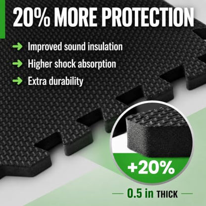 Floor Protection Mat with 18 sqft [12.6" x 12.6"] – Extra Thick Floor Mats [20% More Protection] – Non-Slip Protective Mats for Home Gym