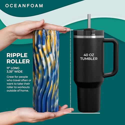 Ripple Travel Foam Roller (11" x 3.35") Firm Mini Foam Roller for Physical Therapy, Deep Tissue Massage, Back Pain, High Density, Wave Textured, Yoga, Exercise (Royal Gold & Natural Marbled) - color: Royal, Gold & Natural Marbled