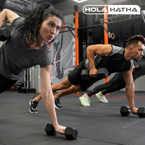 HolaHatha Hexagonal Dumbbell Free Hand Weight Set w/Rack - color: Black, style: 60lb Set