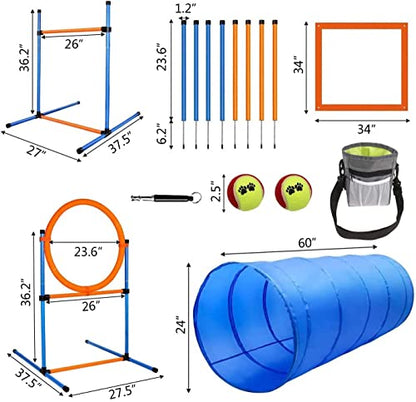 Dog Agility Training Equipment, 60-piece Dog Obstacle Course Training Starter Kit Pet Outdoor Game with Tunnel, Agility Hurdle, Weave Poles, Jump Ring, Pause Box, Toy Balls and Storage Bag