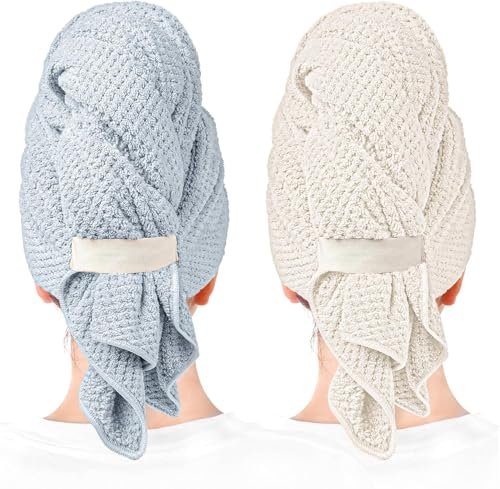 Microfiber Hair Towel Wrap Turban 2 Pack Large | Super Absorbent Quick Dry & Anti-Frizz for Women with Curly Hair | 27.5" x 39.4" Hair Towel Cap - color: Beige Bule, size: 39.4*27.5 Inches