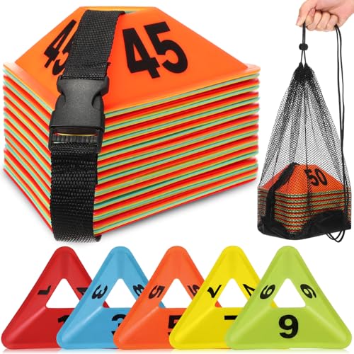 Liliful 50 Pack 1-50 Numbered Sports Cones Bulk, Triangular Soccer Cones for Training Agility Drills with Storage Mesh Bag for Football Practice Coaching Marker Equipment Basketball