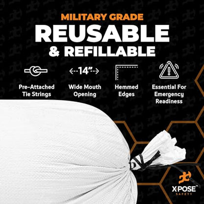 Xpose Safety Heavy Duty Sand Bags with Tie Strings – Empty Woven Polypropylene Sandbags for Hurricane Flood Protection, 100 lb Capacity, 18" x 30", White, Pack of 20 - size: 20 Sandbags