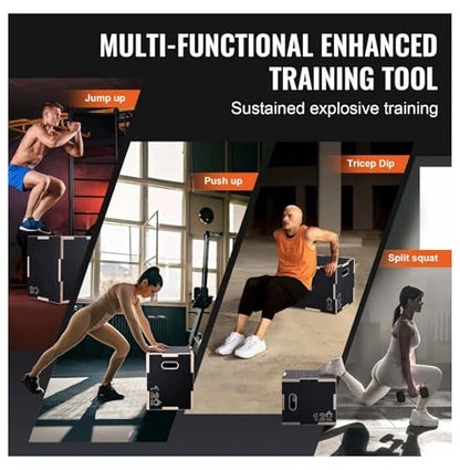 Plyometric Jump Box 3-in-1, 16/14/12 Inch Wooden Plyo Box - Fitness Agility Platform for Home Gym, Strength & Conditioning Training, Black
