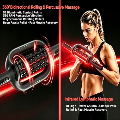 Rolling Percussive Deep Tissue Massage Roller Stick with Hands-Free Base,Rechargeable 6-Speed Massager for Muscle Recovery & Lymphatic Circulation,Ideal for Back,Arm,Leg,Calf & Foot Massage