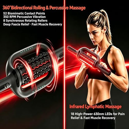 Rolling Percussive Deep Tissue Massage Roller Stick with Hands-Free Base,Rechargeable 6-Speed Massager for Muscle Recovery & Lymphatic Circulation,Ideal for Back,Arm,Leg,Calf & Foot Massage