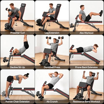 JOROTO Adjustable Weight Bench for Home Gym, 1000 LBS Capacity, Foldable Incline Decline Flat Workout Bench with Leg Extension & Back Extension, Exercise Preacher Curl Bench for Full Body Training