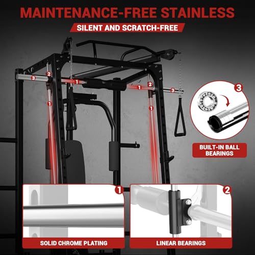 Garvee 2000LBS Smith Machine Home Gym, Multi-Function Power Cage Squat Rack with Cable Crossover & LAT Pulldown, Strength Training Equipment with 8 Weight Storage Pins and More (Plates Not Included)