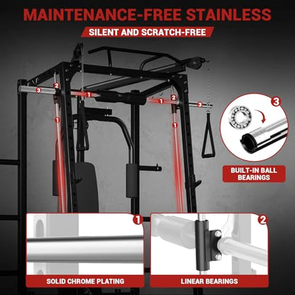 Garvee 2000LBS Smith Machine Home Gym, Multi-Function Power Cage Squat Rack with Cable Crossover & LAT Pulldown, Strength Training Equipment with 8 Weight Storage Pins and More (Plates Not Included)