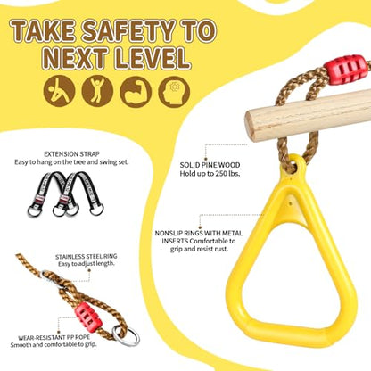 LadyRosian Wooden Trapeze Swing Bar, Adjustable Height Swing Set, Gym Rings, Playground Attachments, 16.5" Monkey Bar for Backyard, Playground, Playroom - color: Yellow