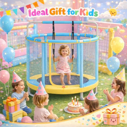55" Trampoline for Kids with Enclosure, 4-in-1 Toddler Trampoline Indoor Outdoor, 440lbs Capacity Upgrade Trampolines with Adjustable Gymnastics Bar & Toys, for Boys & Girls, Easy to Assemble