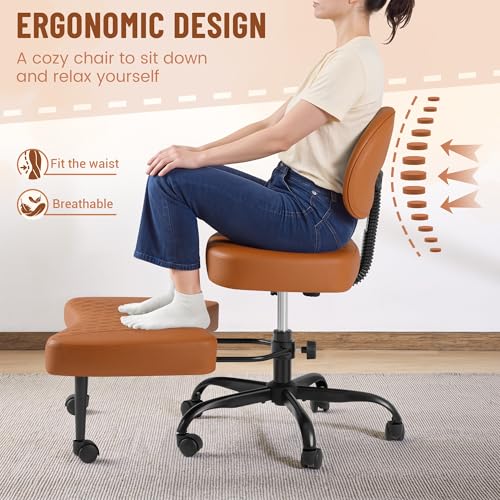 Homall Ergonomic Cross Legged Office Desk Chair with Wheels, 360° Swivel and Adjustable Height for Meditation and ADHD,Criss Cross Kneeling Chair with Lumbar Support (Leather, Brown) - color: Brown