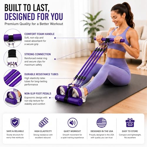 Pedal Resistance Band with Handles, Detachable Resistance Tubes with Foot Pedals & Door Anchor, Multifunction Fitness Workout Equipment for Abs Arms Legs Waist Training