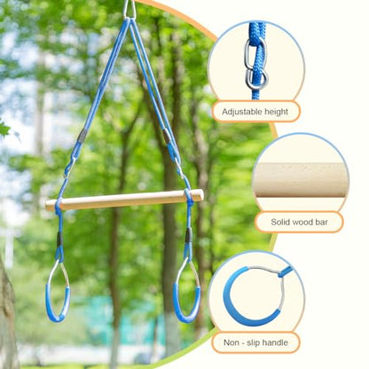 Trapeze Swing Bar with Gymnastic Rings | Sturdy Steel Construction | Warrior Accessories for Obstacle Course | Great for Indoor & Outdoor Use - Ages 3+