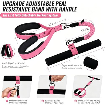 Upgraded Pedal Resistance Band with Handle, 2 Tubes Adjustable 60LBs Multifunction Exercise Bands for Core/ABS, Waist, Arm, Leg Workout & Home Gym, Portable Sit Up Exercise Equipment for Women & Men