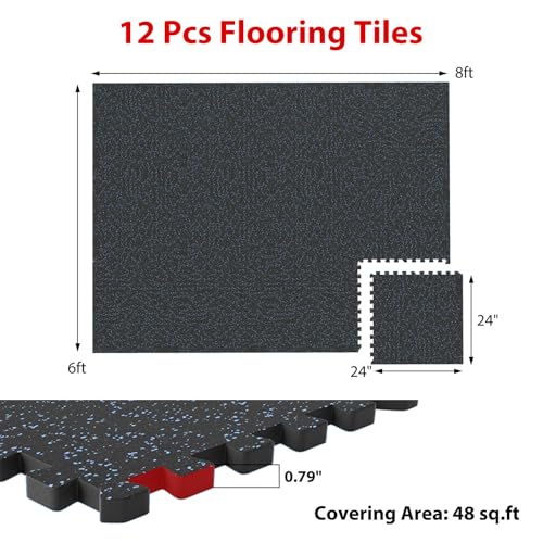 Giantex 12-Pack Interlocking Rubber Gym Floor Mats, 0.79'' Thick 24''x24'' Puzzle Tiles with Border Strips, 48 sq.ft Anti-Slip, Noise-Reducing Flooring for Home Workout Exercise (Black/Blue Speckled) - size: 0.79'' | 12 Tiles | 48 Sq Ft