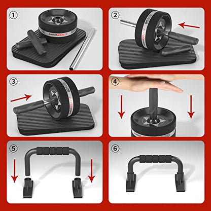 Ab Rollers Wheel Kit, Exercise Wheel Core Strength Training Abdominal Roller Set with Push Up Bars, Resistance Bands, Knee Mat Home Gym Fitness Equipment for Abs Workout