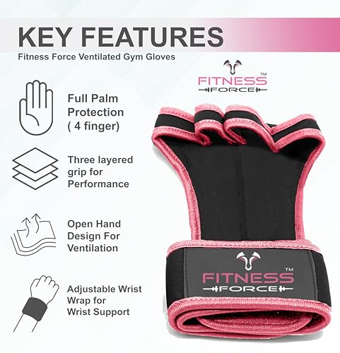 FITNESS FORCE Ventilated Weightlifting Gloves Workout Gloves for Men & Women with Built-in Wrist Wraps Fingerless Gym Gloves for Men Perfect for Exercise Fitness, Weight Lifting