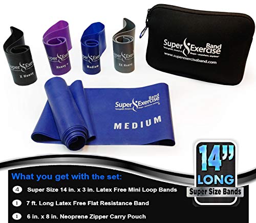 USA 14" x 3" Extra Long Latex Free Mini Loop and Flat Resistance Band 5 Set. in Light, Medium or Heavy Strength. Includes an Exclusive iPhone App, E-Book, and Carry Bag. - color: c. HEAVY STRENGTH BLUE Set