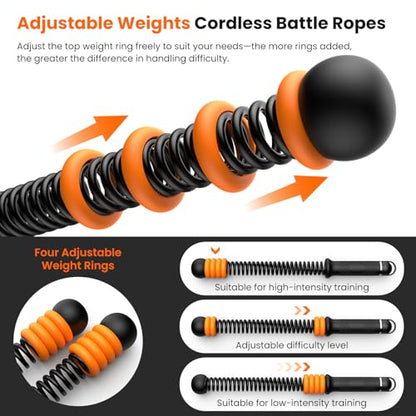 2PCS Adjustable Weighted Ropeless Battle Ropes, Heavy Duty Cordless Battle Rope, HIIT, Cardio, Full-Body Workout Tool, Non-Slip Spiral Handles, Home Gym Equipment, Women and Men Black