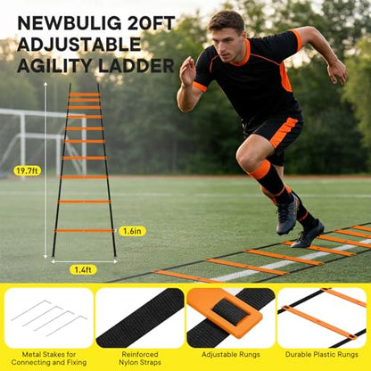 Agility Ladder Speed Training Equipment Set-20ft Ladder,12 Cones, 4 Adjustable Hurdles, Jump Rope, Resistance Parachute| Soccer,Basketball, Football Practice Equipment for Youth, Adults