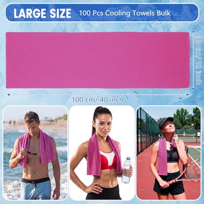 100 Pack Cooling Towels, 40"x12" Cooling Towels for Neck and Face Breathable Soft Chilly Sweat Rag Microfiber Sport Rags for Gym Yoga Golf Running - color: Rose Red