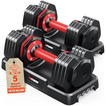 Rendpas Adjustable Dumbbells Set of 2, 5-in-1/10-in-1/16-in-1 Quick-Lock Hand Weights 25/55/80 lbs Pair, Anti-Slip Handle Free Weights Set for Home Gym Strength Training for Men Women - color: Classic Red-55LBS Pair-5 Weights