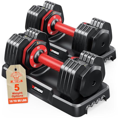 Rendpas Adjustable Dumbbells Set of 2, 5-in-1/10-in-1/16-in-1 Quick-Lock Hand Weights 25/55/80 lbs Pair, Anti-Slip Handle Free Weights Set for Home Gym Strength Training for Men Women - color: Classic Red-55LBS Pair-5 Weights