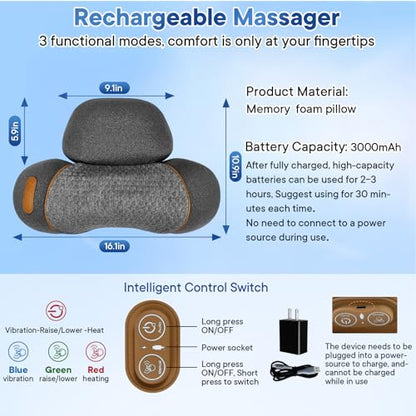 3-in-1 Cordless Heated Neck Massager Pillow for Pain Relief Deep Tissue