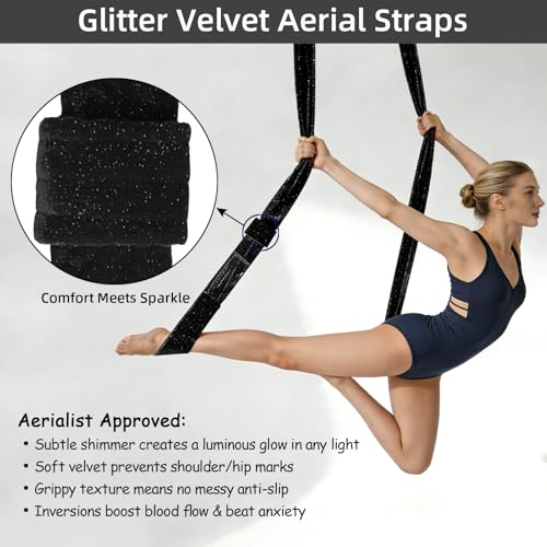 PRIOR FITNESS Aerial Straps Kit, Sparkling & No-Sparkling 3m/9.8ft Aerial Yoga Ropes for Trapeze w/SGS Certificate , Glitter Velvet Covers For Acrobtic Circus Props & Fitness with Wrist Lockers, and Carabiners (1 Pairs) - color: Glitter Black