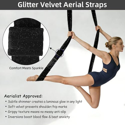 PRIOR FITNESS Aerial Straps Kit, Sparkling & No-Sparkling 3m/9.8ft Aerial Yoga Ropes for Trapeze w/SGS Certificate , Glitter Velvet Covers For Acrobtic Circus Props & Fitness with Wrist Lockers, and Carabiners (1 Pairs) - color: Glitter Black