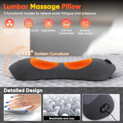 3 in 1 Back Massager, Electric Lumbar Support Pillow Heat Vibration Massage Lower Back Spine Decompression Device, Light Gray