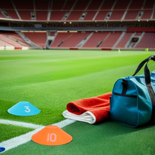 10pcs Soccer Training Discs and Cones Set, Flat Numbered Spot Markers 1-10 for Football and Basketball Agility Drills, Sturdy Plastic Sports Equipment for Outdoor Field Practice