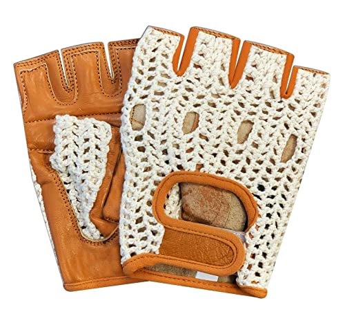 Real Soft Leather Crochet Net Fingerless Driving Weight Training Cycling Wheelchair Gloves W-1037 - color: Tan/White, size: Small