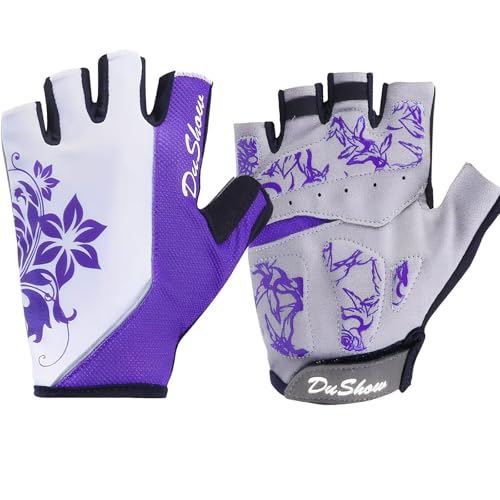 DuShow Women Half Finger Cycling Gloves, Pattern Printed with Anti-Slip Shock-Absorbing Pad for Road/Mountain Biking, Gym – Short Fingerless - color: Purple, size: Small