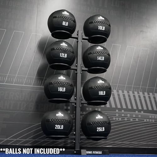 Gronk Fitness Wall Ball Rack | Heavy Duty Steel Vertical Ball Storage Rack | Holds 8 Wall Balls, Slam Balls & Soft Medicine Balls | Compact Gym Ball Holder Stand